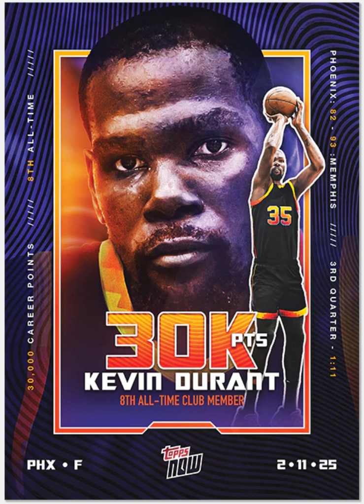 Kevin Durant Joins 30,000-Point Club, Celebrated with Special Topps Now Card